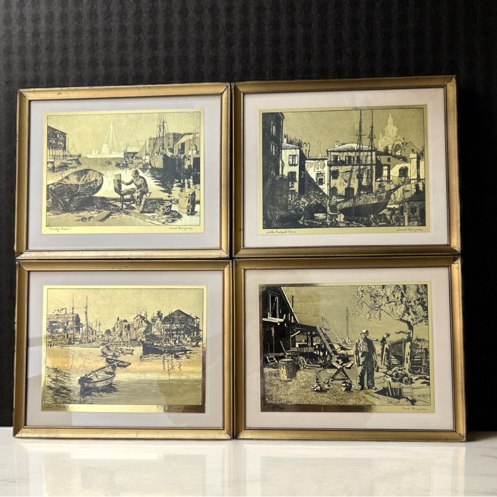 Vintage Set of 4 Lionel Barrymore Gold Foil Etching Prints